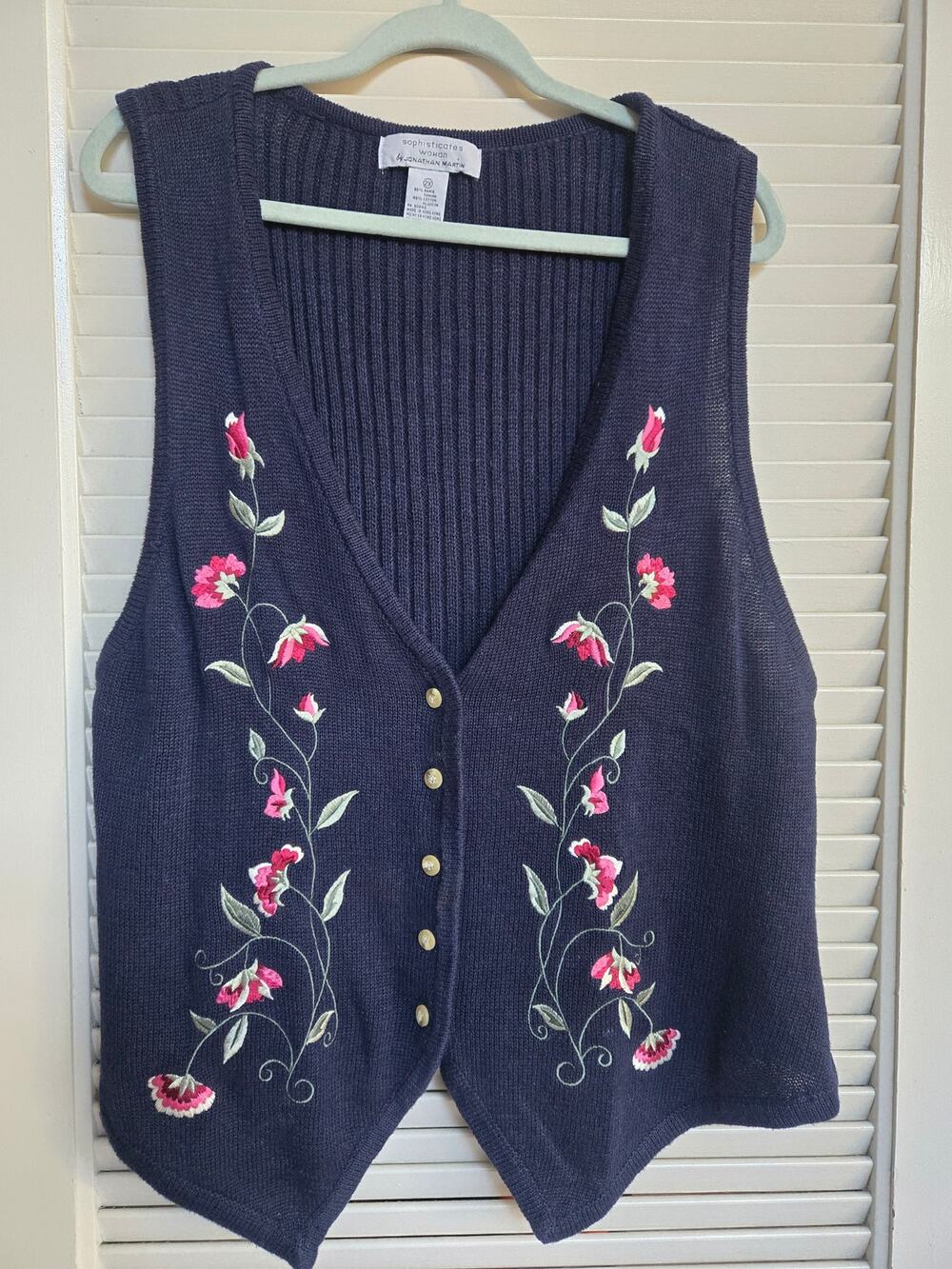 Vintage 90s Embroidered Floral Sweater Vest Navy Blue Knit – Size 2X
